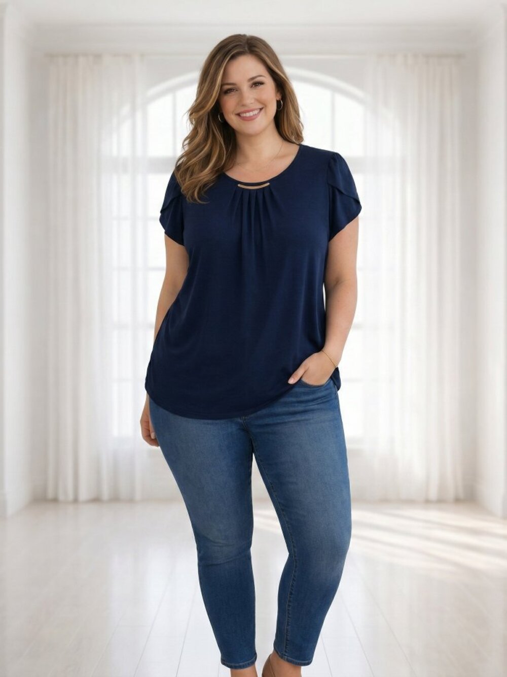 AUW Short Sleeve Gold Necklace Accent Petal Sleeve Blue Top Size Large